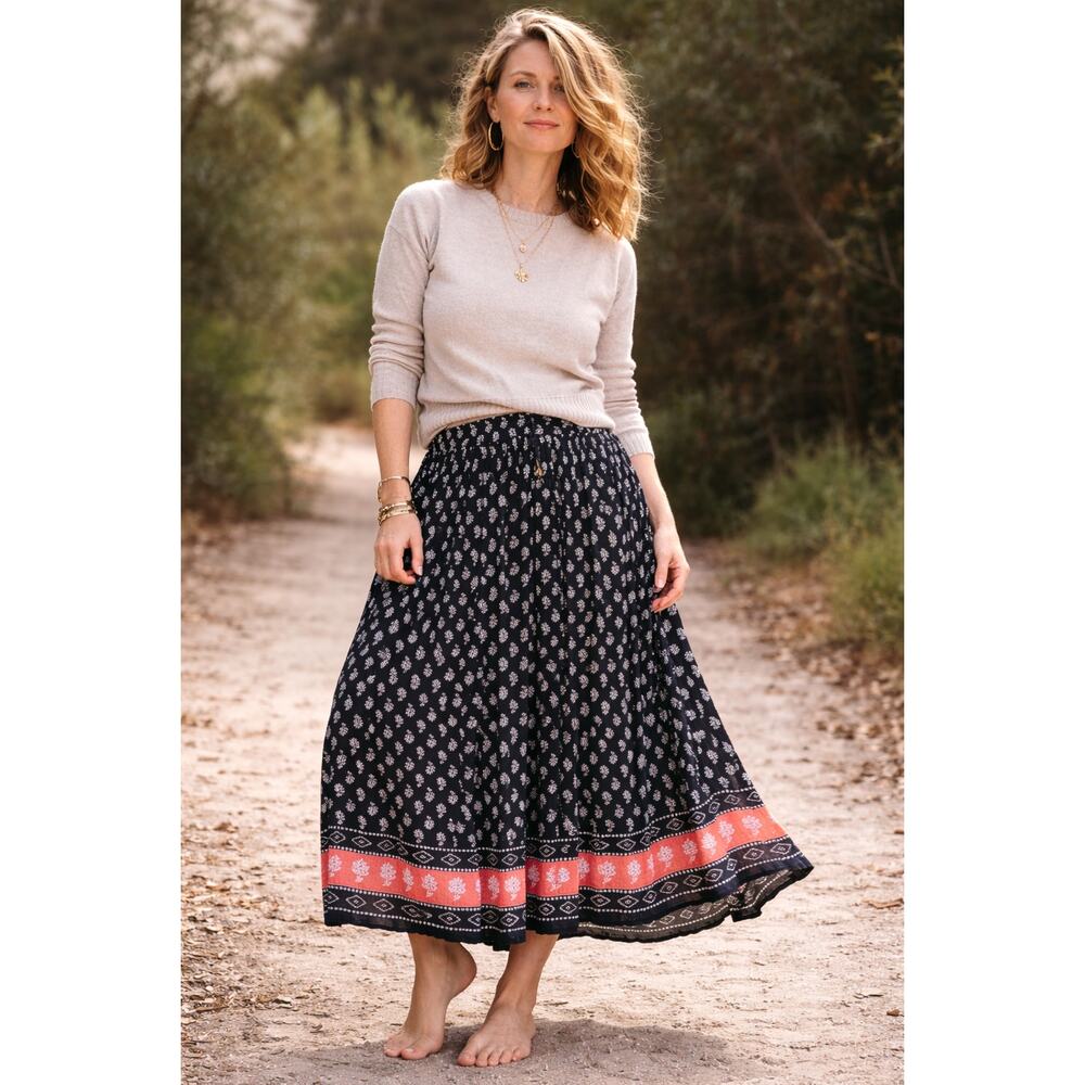 Vintage 90s Bohemian Hippie Ankle Length Skirt Rayon Black Print Drawstring